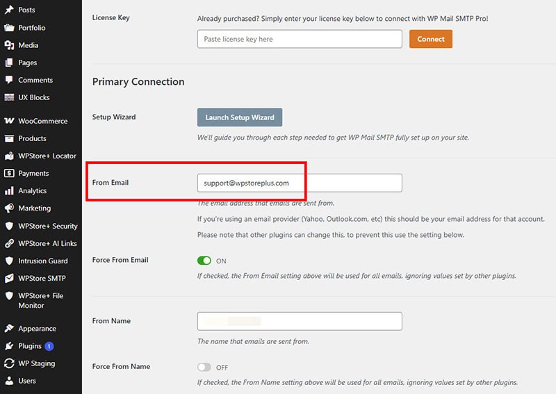 A screenshot of a WordPress SMTP plugin settings page. A red rectangle highlights the 'From Email' field under the Primary Connection section, indicating where to enter the official domain email address for sending WooCommerce notifications.