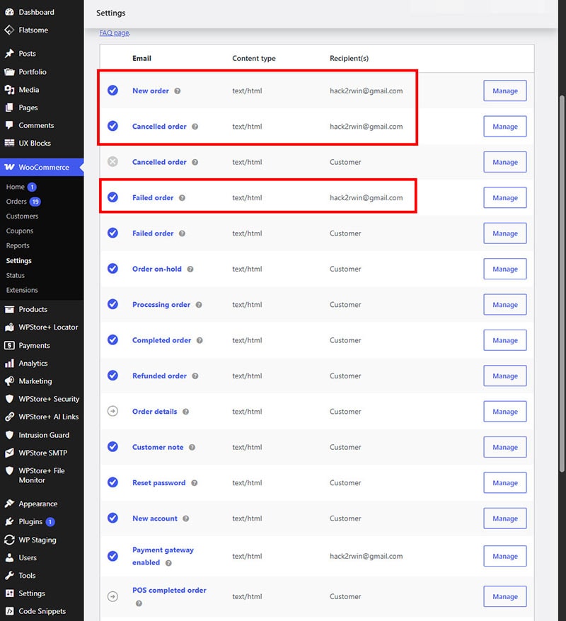 A screenshot of the WooCommerce Settings page on the Emails tab. Red rectangles highlight the "New order", "Cancelled order", and "Failed order" email notification rows, showing that they are active and configured to send to a specific admin email address.