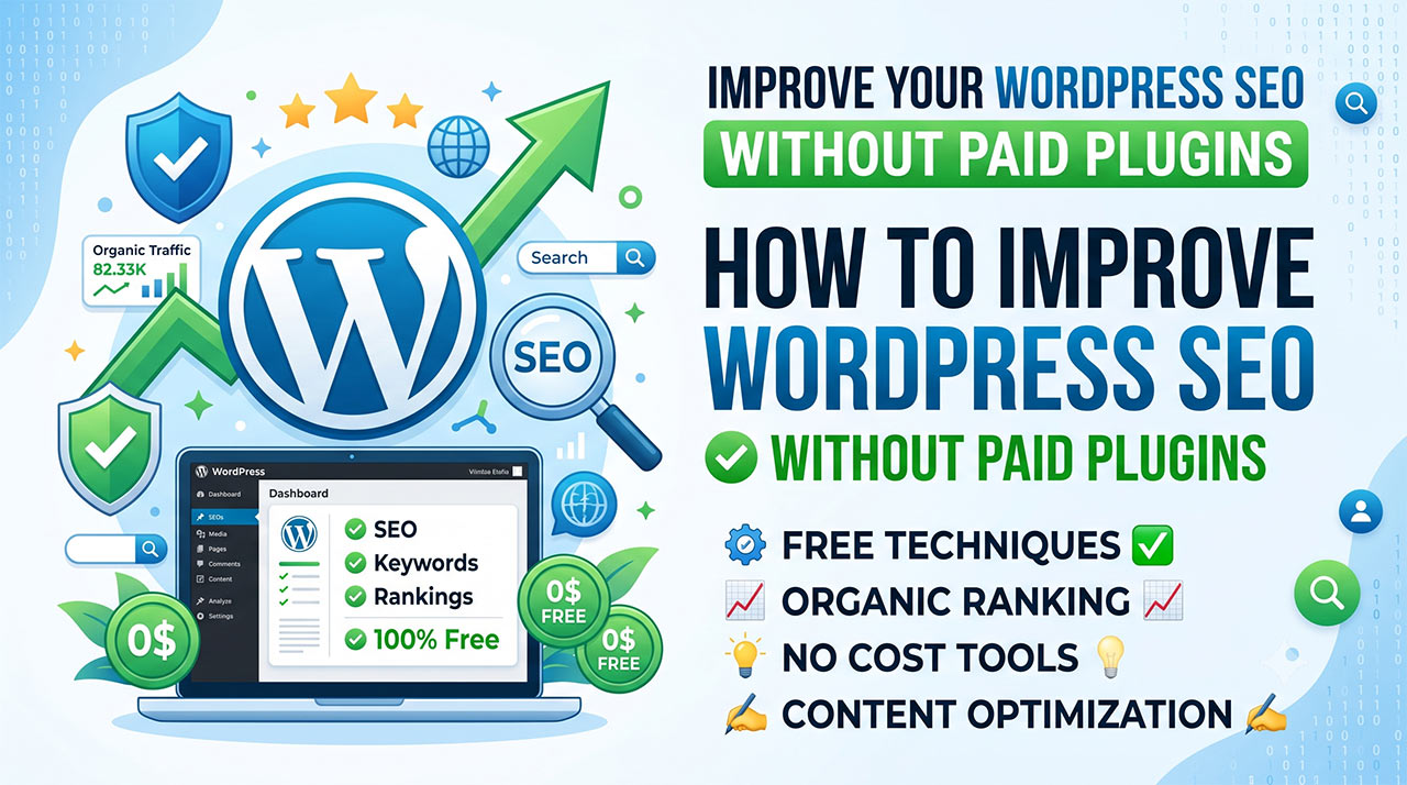 A featured illustration displaying a laptop with a WordPress dashboard, upward growth arrows, and zero-cost badges, demonstrating how to improve WordPress SEO without paid plugins.