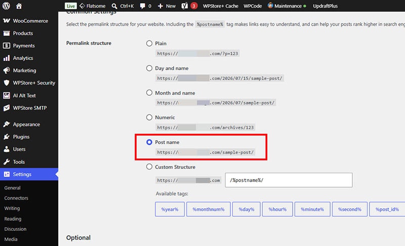 The WordPress Permalink settings screen displays the option to select the Post name link structure.
