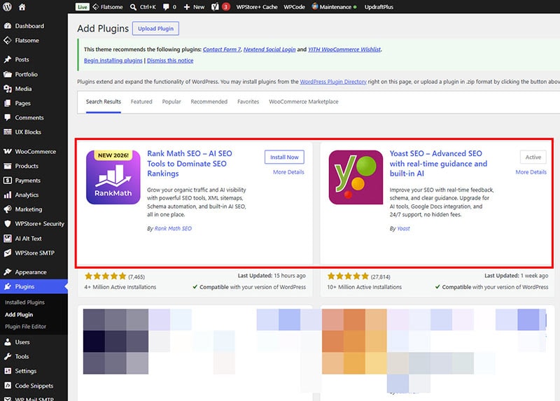 The Add Plugins page in WordPress displays search results for Rank Math SEO and Yoast SEO plugins.