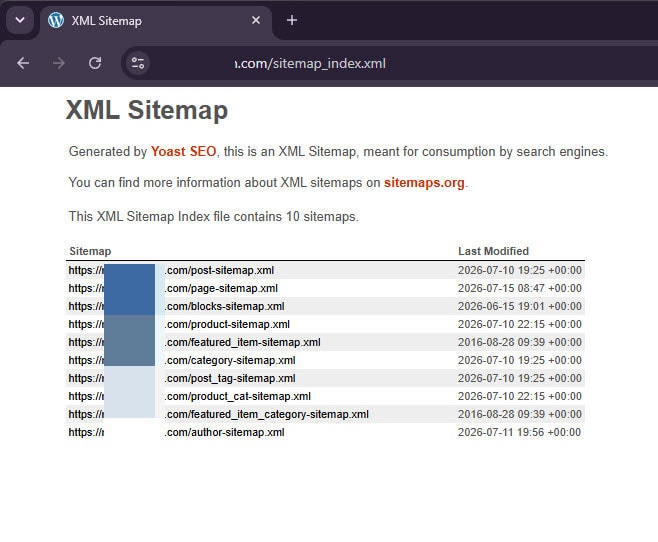 This window displays the XML Sitemap Index file created by the Yoast SEO plugin.