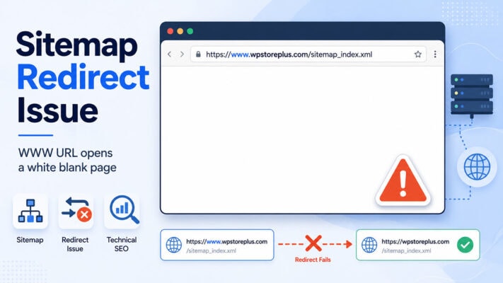 Illustration of a WordPress sitemap redirect issue where the WWW sitemap URL opens a white blank page instead of redirecting to the non-WWW sitemap index.