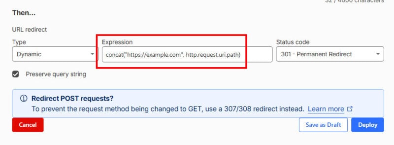 Cloudflare Redirect Rule settings showing a dynamic URL redirect expression with 301 permanent redirect and preserve query string enabled.