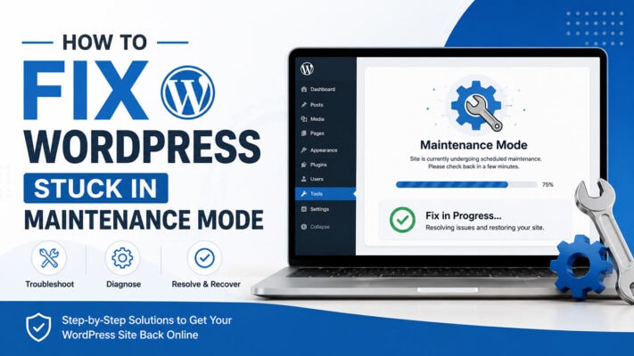 WordPress maintenance mode troubleshooting guide showing a laptop, repair tools, and a maintenance recovery screen.