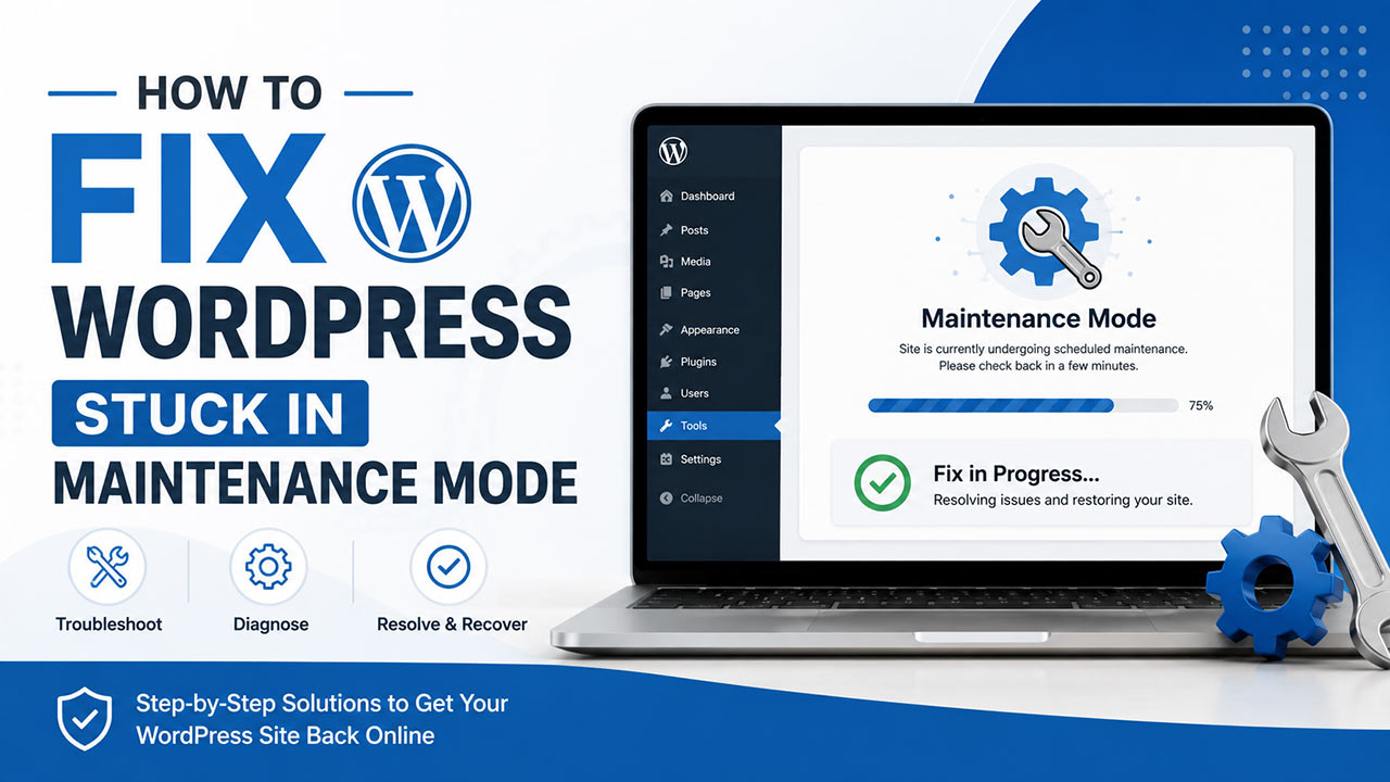 WordPress maintenance mode troubleshooting guide showing a laptop, repair tools, and a maintenance recovery screen.