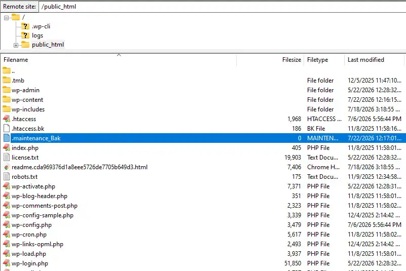 A screenshot of an FTP file manager displaying the public_html folder, highlighting the .maintenance file which has been renamed to .maintenance_Bak.