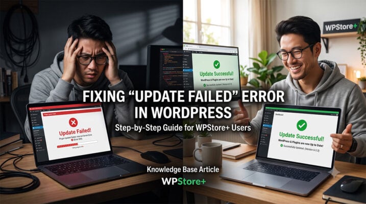 A side-by-side illustration showing a frustrated user encountering the WordPress Update Failed Error on their laptop, contrasted with a smiling user who has successfully resolved the issue, designed for a WPStore+ knowledge base article.
