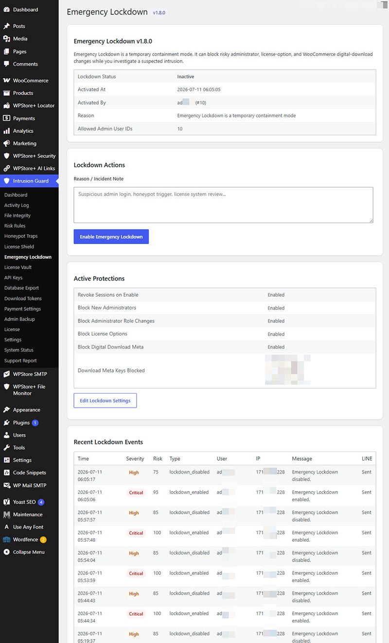 WordPress emergency lockdown page showing protections against administrator creation, role changes, license option changes, and digital download edits.