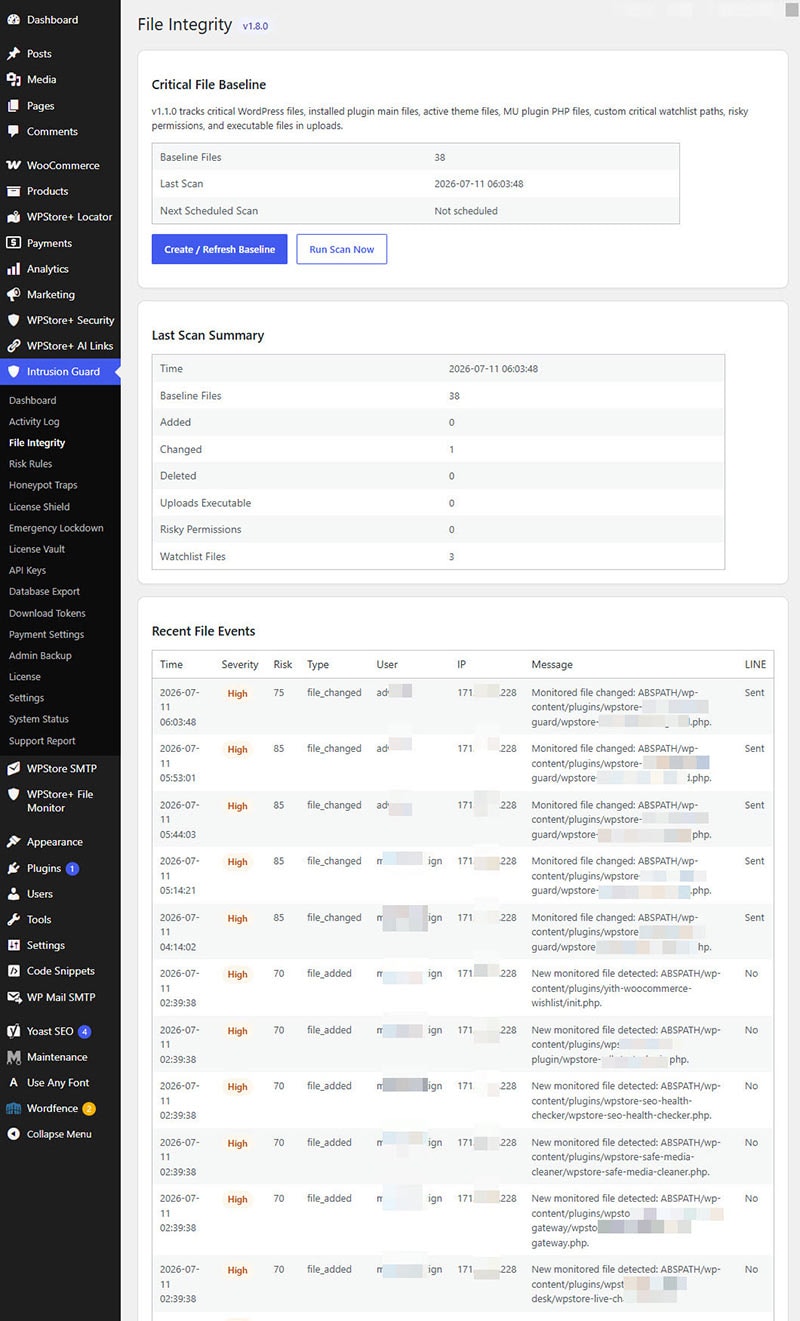 WordPress file integrity monitoring page showing scan summary, changed files, uploads executable detection, and critical file watchlist.