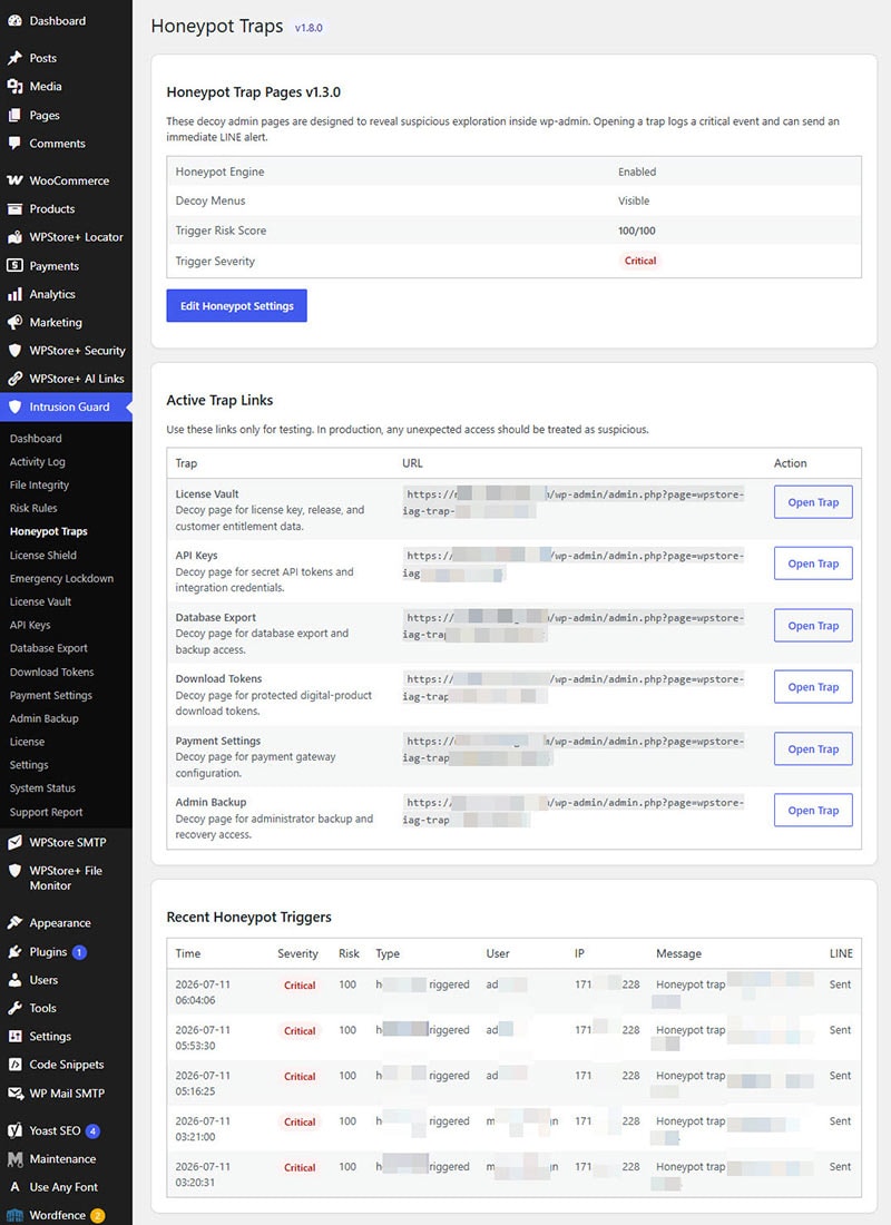 WordPress honeypot trap page settings showing decoy admin pages designed to detect suspicious intruder activity.