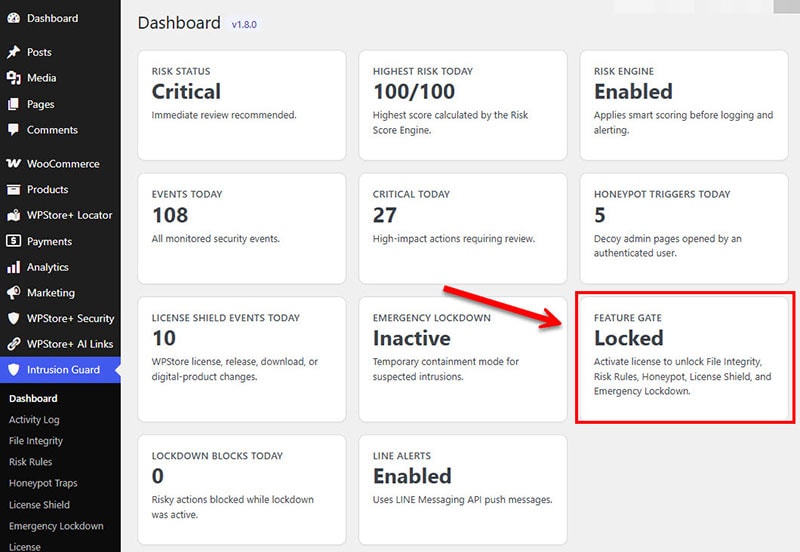 WPStore license feature gate showing active license status, commercial feature access, and masked license diagnostics.
