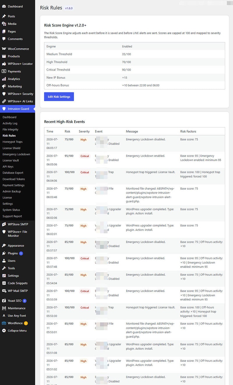 Risk score engine settings for WordPress security events with severity thresholds and recent high-risk activity.