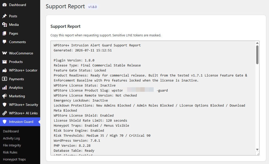 Support report showing masked LINE token, masked license key, security diagnostics, and plugin readiness information.