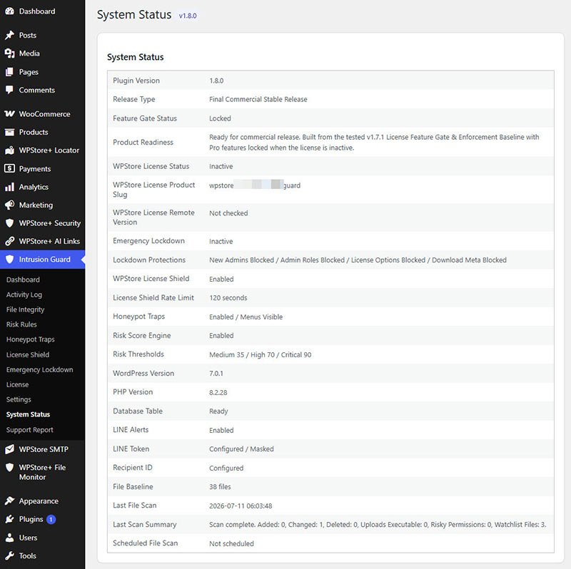 System status page for WPStore+ Intrusion Alert Guard showing commercial release readiness and security module diagnostics.