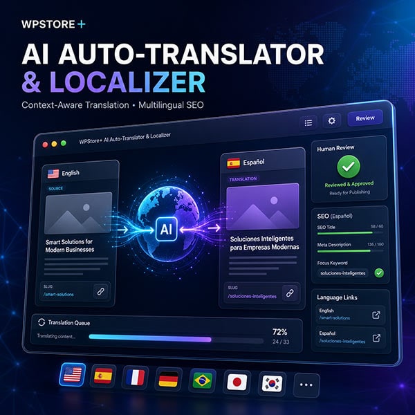 WPStore+ AI Auto-Translator & Localizer with context-aware translation, human review, multilingual SEO, translation queue, and language switcher.