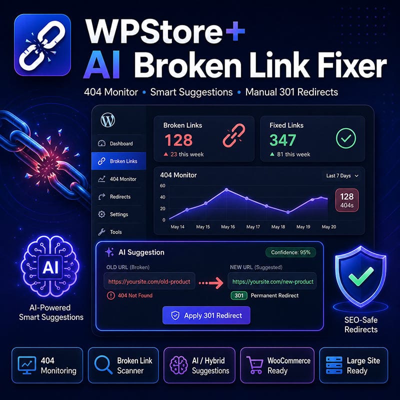 WPStore Plus AI Broken Link Fixer plugin dashboard showing 404 monitor graph, AI-powered smart suggestions for 301 redirects, and SEO-safe link management features for WordPress.