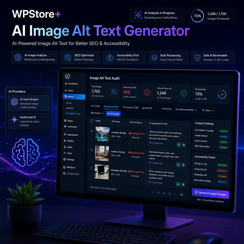 WPStore+ AI Image Alt Text Generator dashboard showing image auditing, missing alt text detection, AI suggestions, accessibility checks, and bulk processing tools.
