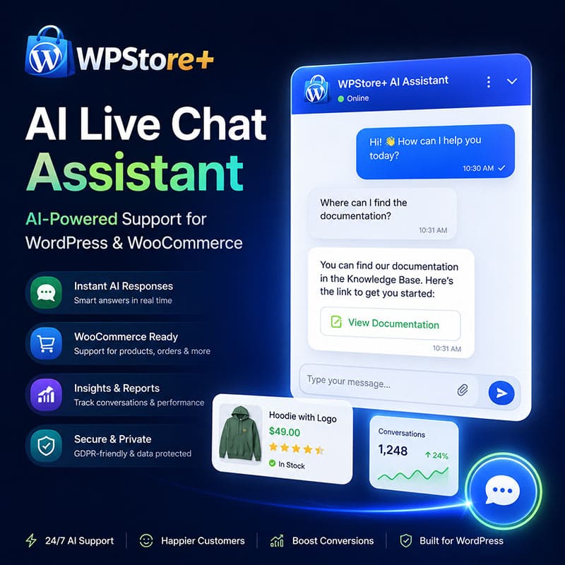 WPStore+ AI Live Chat Assistant product cover for WordPress and WooCommerce