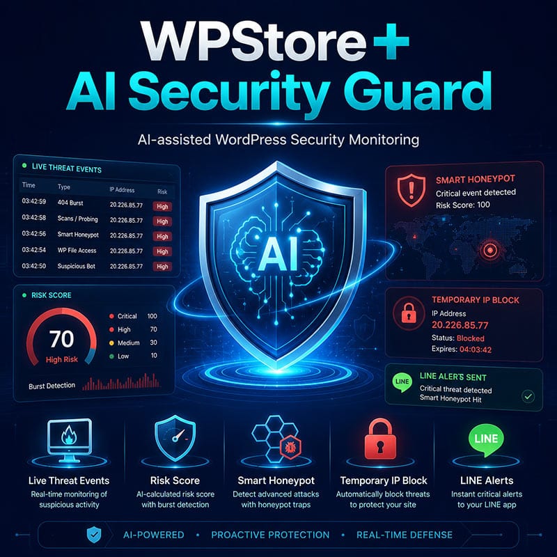 WPStore+ AI Security Guard showing AI-powered WordPress security monitoring, risk score, honeypot protection, IP blocking, and LINE alerts.