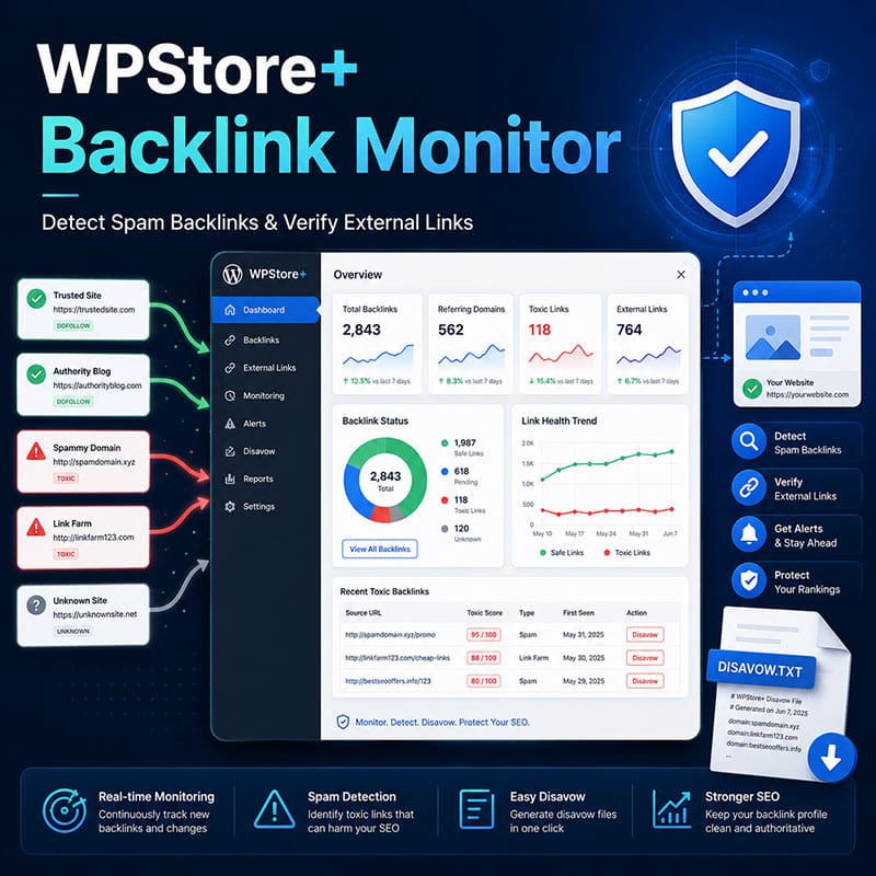 WPStore+ Backlink Monitor plugin dashboard for detecting spam backlinks and verifying external links in WordPress