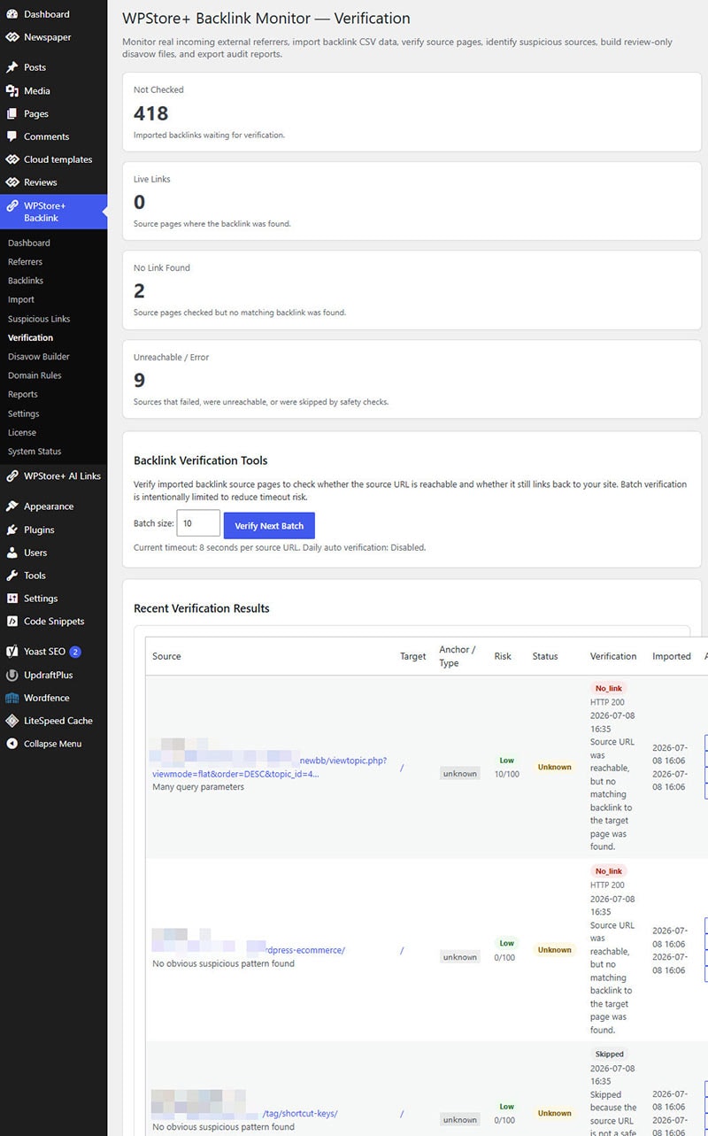 WPStore+ Backlink Monitor verification screen showing imported backlinks waiting for verification, live links, no link found results, unreachable sources, and batch verification tools.