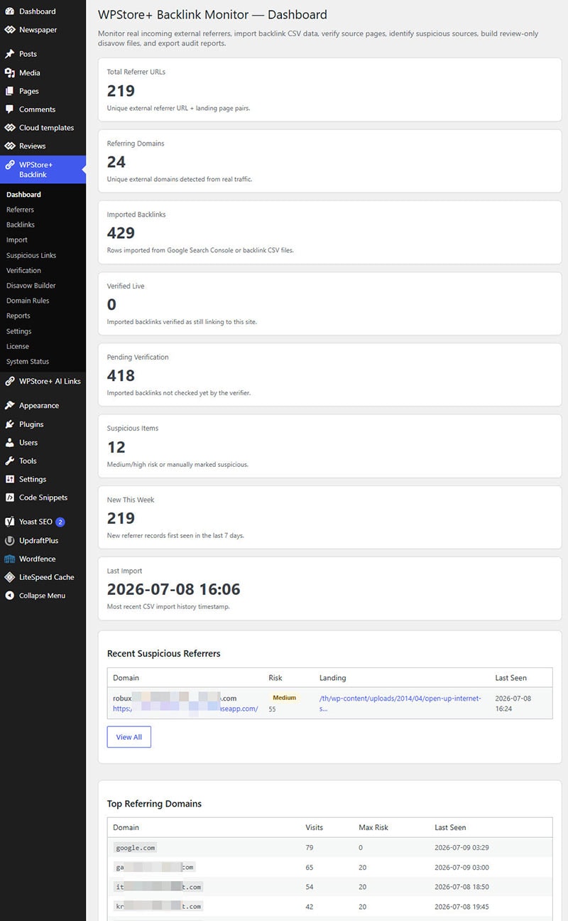 WPStore+ Backlink Monitor dashboard showing total referrer URLs, referring domains, imported backlinks, pending verification, suspicious items, and top referring domains.