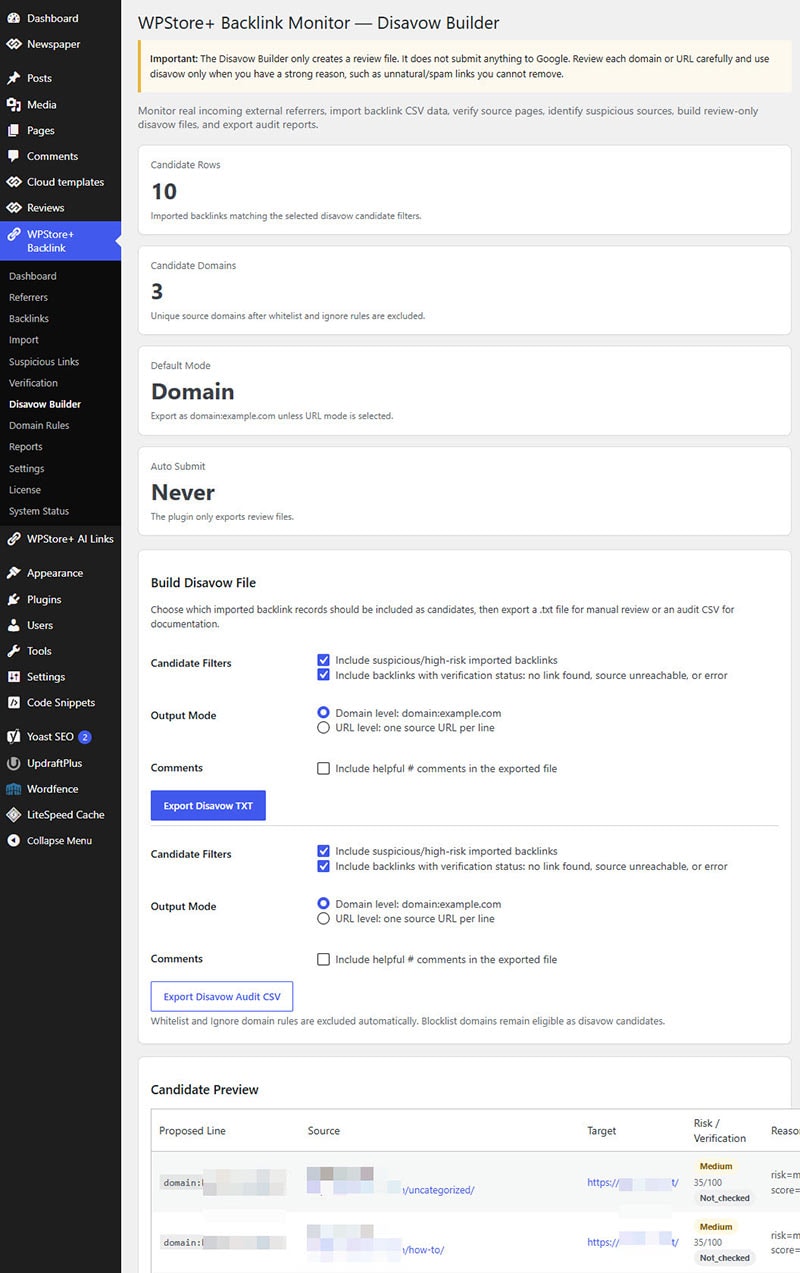 WPStore+ Backlink Monitor Disavow Builder screen for reviewing suspicious backlink candidates and exporting review-only disavow TXT or audit CSV files.