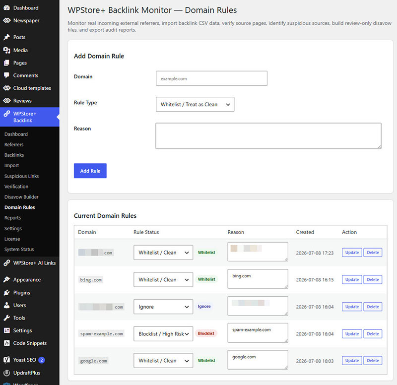 WPStore+ Backlink Monitor Domain Rules screen for adding, updating, whitelisting, ignoring, or blocklisting backlink source domains.