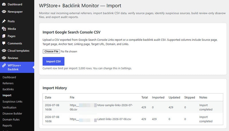 WPStore+ Backlink Monitor import screen for uploading Google Search Console backlink CSV files and reviewing import history.