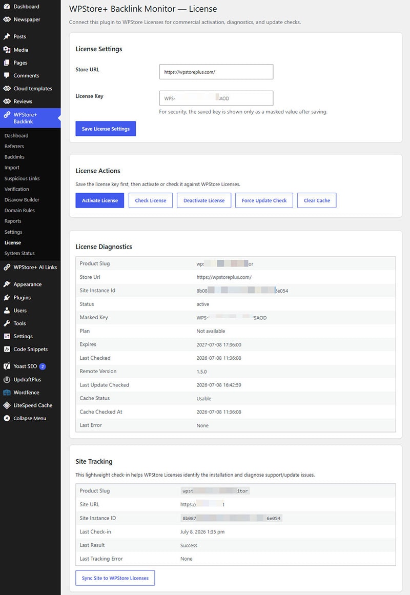 WPStore+ Backlink Monitor license page showing license settings, activation actions, license diagnostics, update checks, and site tracking information.