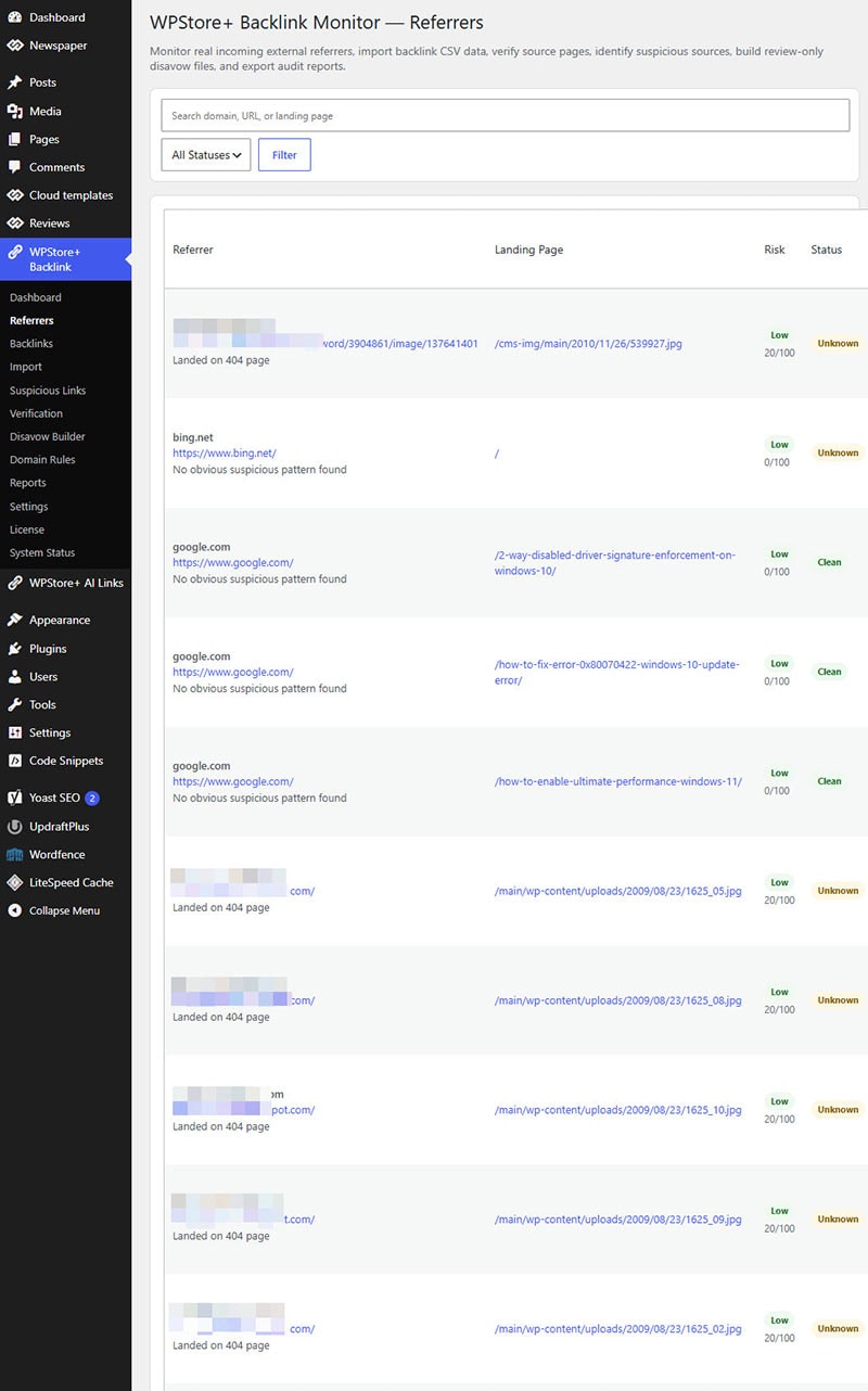 WPStore+ Backlink Monitor referrers table showing external referring domains, landing pages, risk scores, and backlink source status.