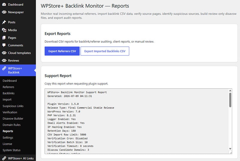 WPStore+ Backlink Monitor reports screen for exporting referrer CSV reports, imported backlink CSV reports, and copying support diagnostics.