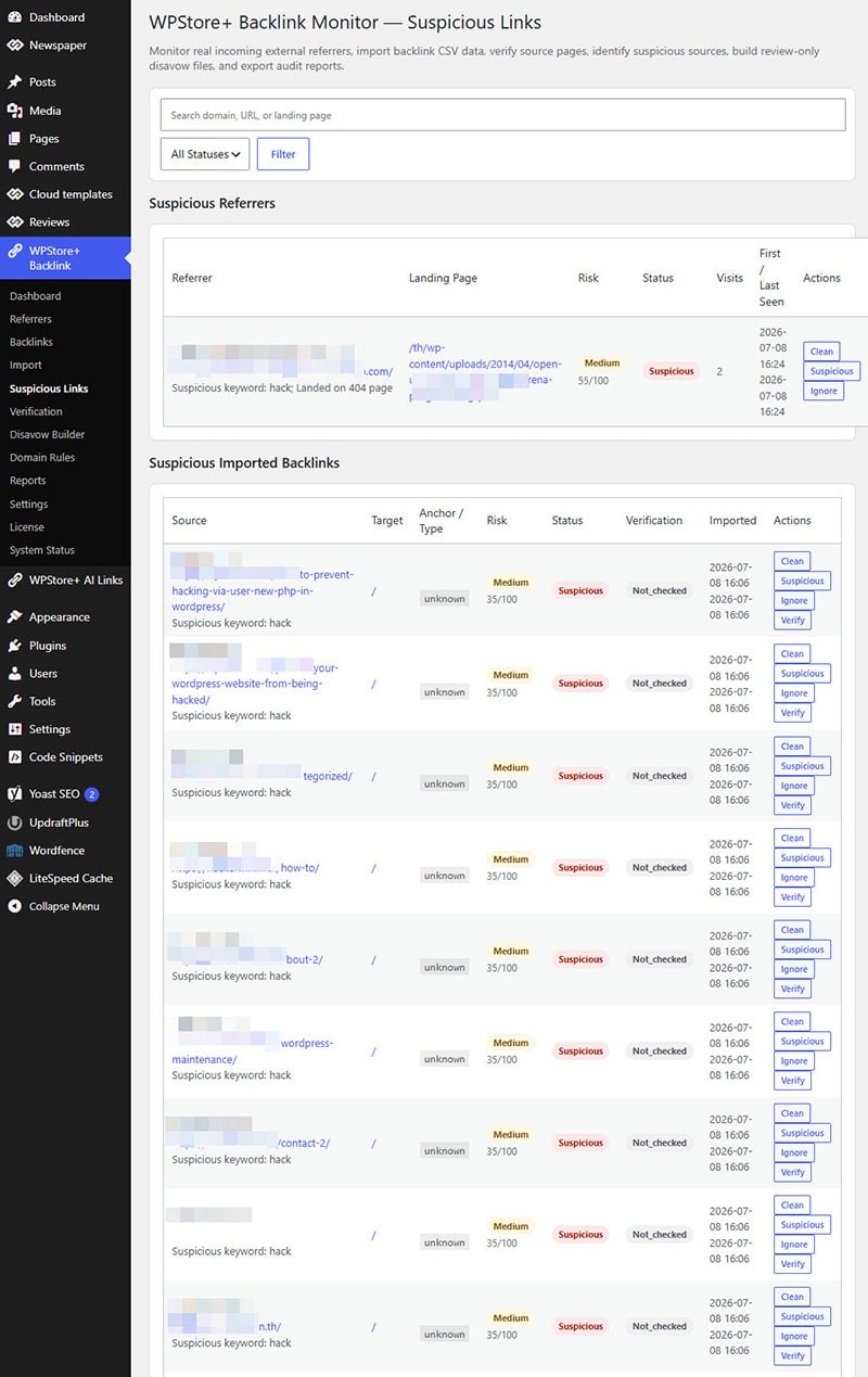 WPStore+ Backlink Monitor suspicious links screen showing suspicious referrers, imported suspicious backlinks, risk scores, verification status, and review actions.