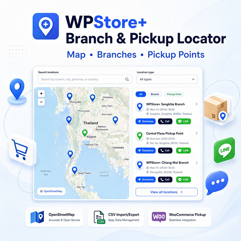 WPStore+ Branch & Pickup Locator plugin showing map pins, branch cards, and WooCommerce pickup point features