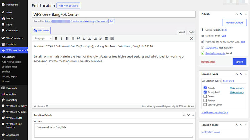 Add new branch location screen with address, coordinates, LINE URL, and pickup availability fields