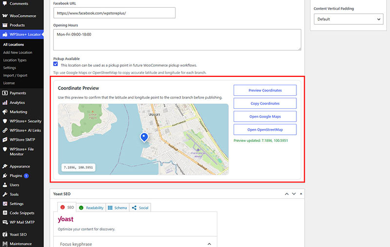 Coordinate preview tools for checking branch latitude and longitude in WordPress admin