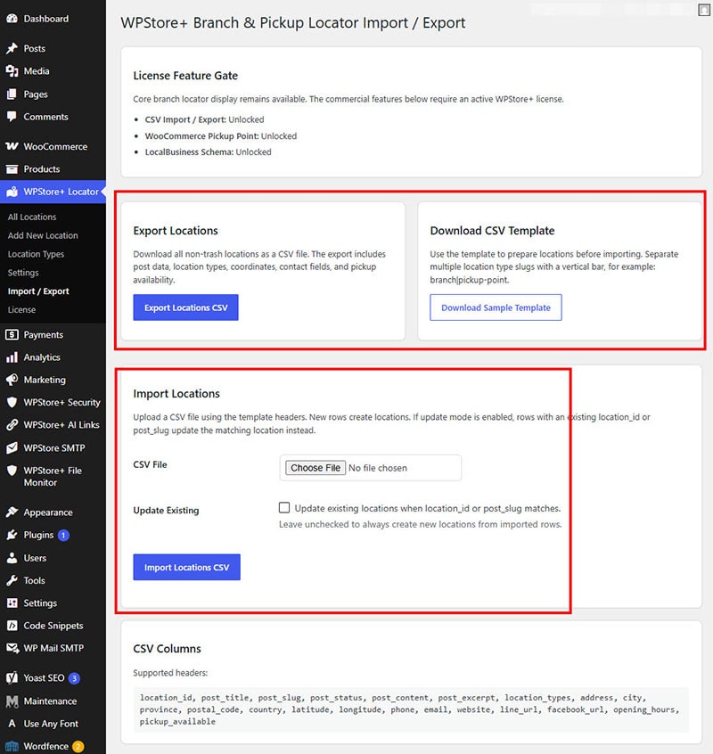 CSV import and export tools for managing multiple branch locations