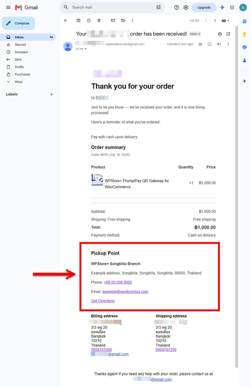 Customer order details page showing selected pickup point information