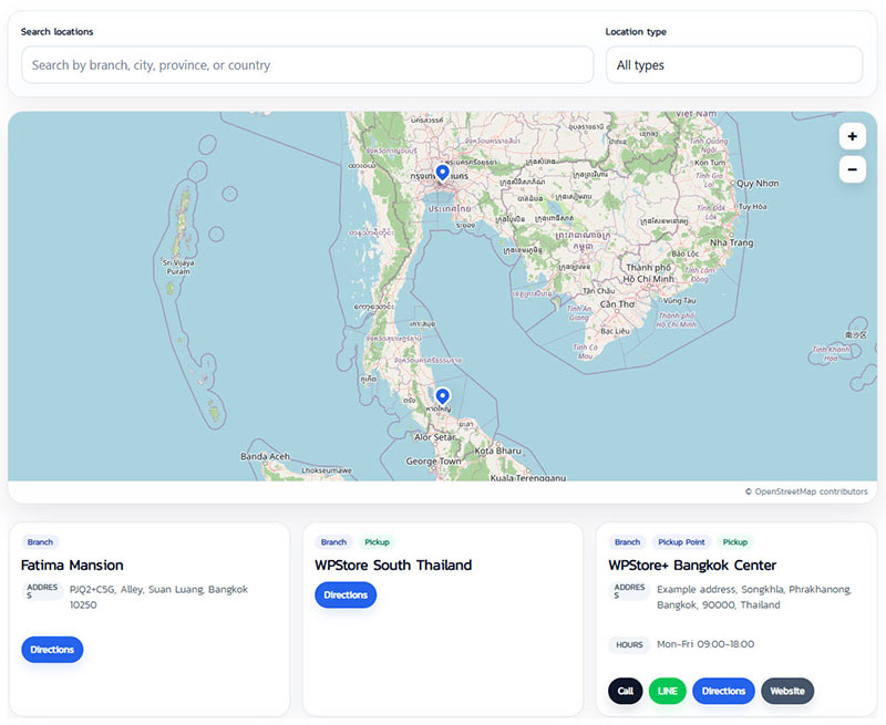 Frontend branch locator map with search, filter, location cards, and OpenStreetMap display