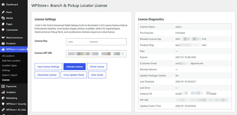 WPStore+ Branch & Pickup Locator license page with activation and diagnostics