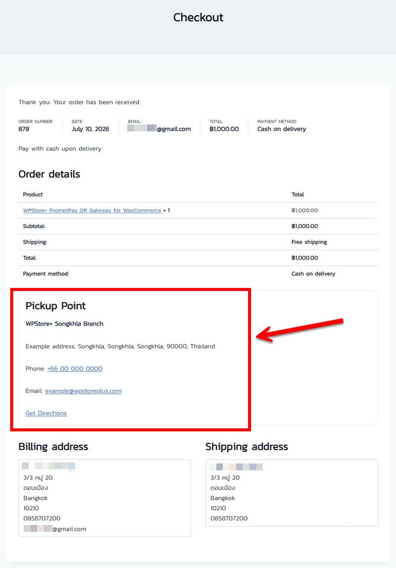WooCommerce order admin screen showing selected pickup point details
