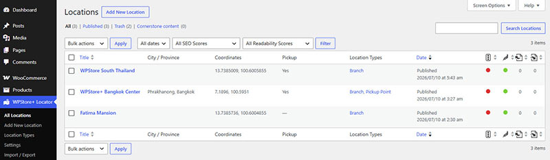 WPStore+ Branch & Pickup Locator settings page showing map layout and pickup point options