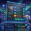 A modern 3D dashboard view of the 'WPStore+ Checkout Compatibility Tester' tool scanning and testing the WooCommerce payment system's functionality. Test results are displayed with green and yellow icons, along with waveform graphs and shield icons.