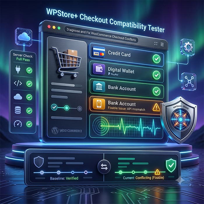 A modern 3D dashboard view of the 'WPStore+ Checkout Compatibility Tester' tool scanning and testing the WooCommerce payment system's functionality. Test results are displayed with green and yellow icons, along with waveform graphs and shield icons.
