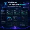 WPStore+ Core Web Vitals Monitor dashboard showing LCP, INP, CLS, performance trends, alerts, and Mobile and Desktop results
