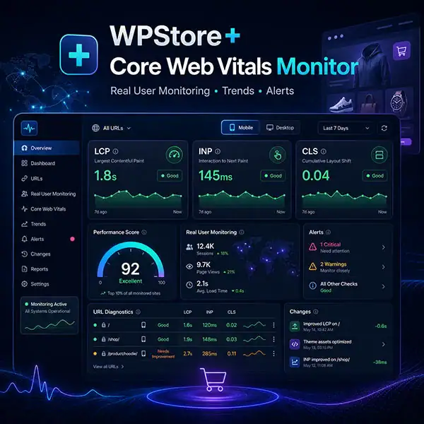 WPStore+ Core Web Vitals Monitor dashboard showing LCP, INP, CLS, performance trends, alerts, and Mobile and Desktop results