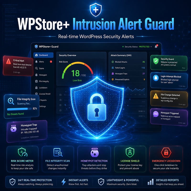 Wide promotional banner for WPStore+ Intrusion Alert Guard showing a WordPress security dashboard, real-time LINE alerts, file integrity scanning, risk score engine, honeypot traps, license shield, and emergency lockdown protection.
