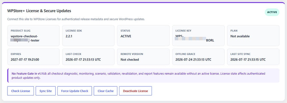 Active license with key masked