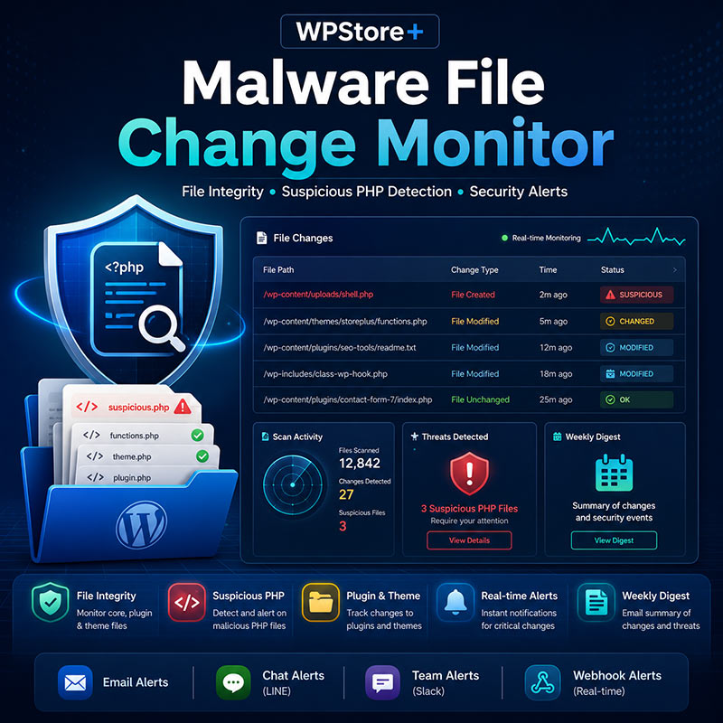 Graphical interface of the WPStore+ Malware File Change Monitor for WordPress, showcasing core features like File Integrity, Suspicious PHP Detection, and Security Alerts. The real-time dashboard displays file changes, scanned files, and threats detected, with notification support via Email, LINE, Slack, and Webhooks.